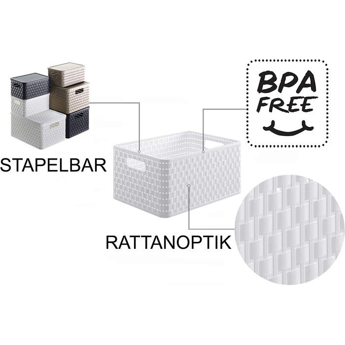 Набір із 3 коробок для зберігання Ротанг Look, пластик (PP) без бісфенолу А, 3 x A4/28 л, (43 x 33 x 21,5 см), 3 (білий)