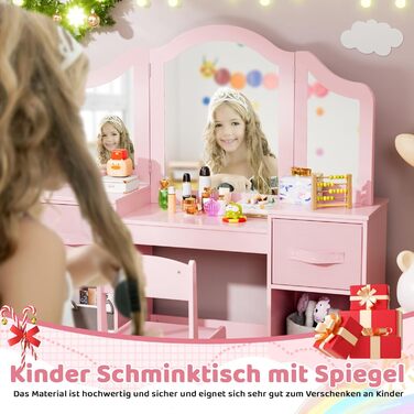 Дитячий туалетний столик MAMIZO 2 в 1 з дзеркалом та стільчиком, рожевий, з 2 висувними ящиками