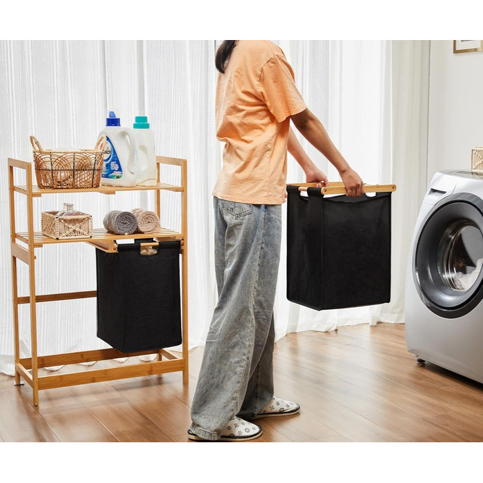 Кошик для білизни Youdenova з бамбукового каркасу, 2 відділення, 2 мішки для білизни, 93x64x33 см, 70 л, чорний