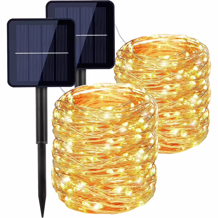 Сонячна гірлянда Qxmcov, 2 шт. по 22 м, 200 LED, мідний дріт, 8 режимів, таймер, IP65, для вулиці та дому, для саду, балкона, тераси, весілля, вечірки, декору, тепле біле світло