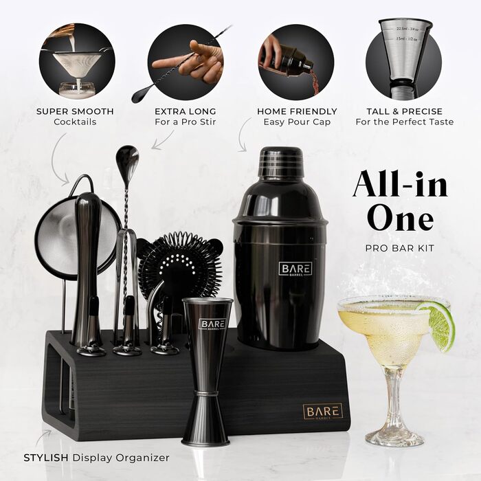 Набір для бармена Pro Mixology: 14 предметів, шейкер Boston, аксесуари для дому, бамбуковий підставник, рецепти коктейлів, подарунковий набір чорного кольору (24oz Cobbler Shaker)