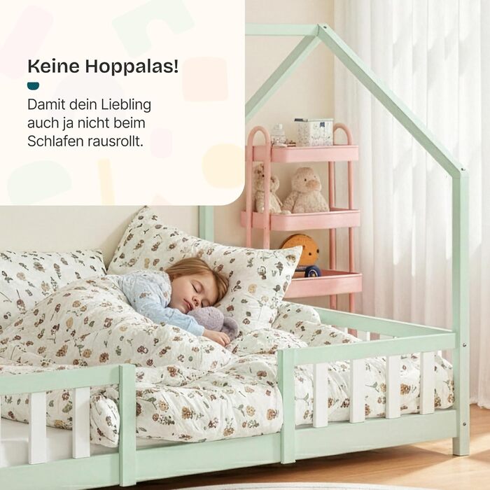 Детське ліжко Sisimiut Montessori з бортиками, без матраца, 140x200 см, світло-сірий/білий (en.casa)