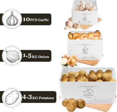 Набір контейнерів для зберігання картоплі, цибулі та часнику (3 шт.), бамбуковий кришка, білий