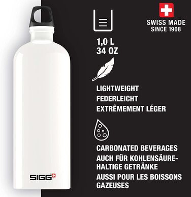 Вулична пляшка для пиття SIGG Traveller (1 л), що не містить забруднюючих речовин і герметична пляшка для пиття для піших прогулянок, легка спортивна пляшка для пиття з алюмінію (білого кольору)