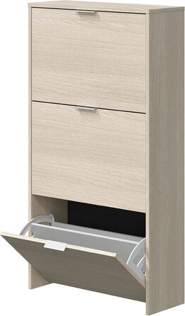 Стеллаж для взуття Habitdesign з 3 дверцятами, вузький, білий глянцевий, розмір: 60x113x22 см, з елементами канадського дуба