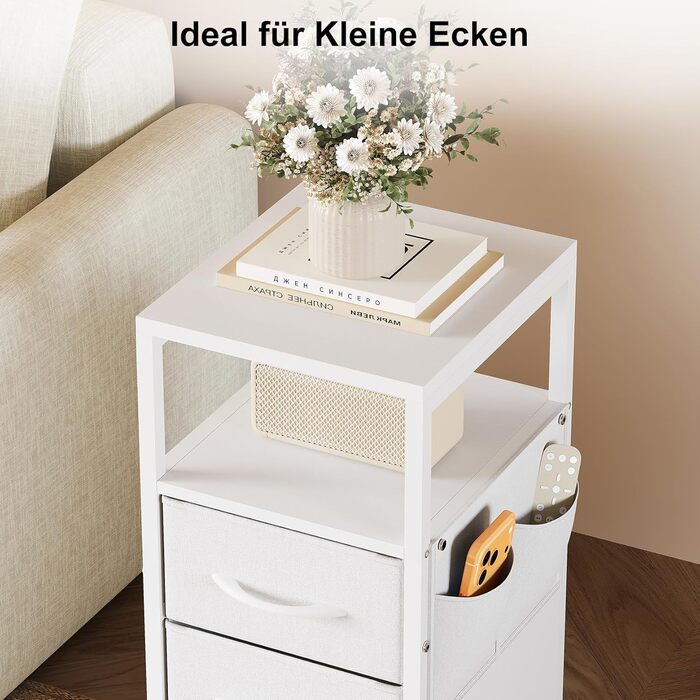 Нічний столик з підзарядкою та LED-підсвіткою, білий, 25x30x60 см, з 3 висувними ящиками, полицею та USB/Type-C портами