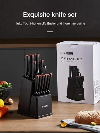 Набір ножів FOHERE 13 предметів з точилкою. Набір кухонних ножів з нержавіючої сталі з підставкою та інтегрованою точилкою (чорний)