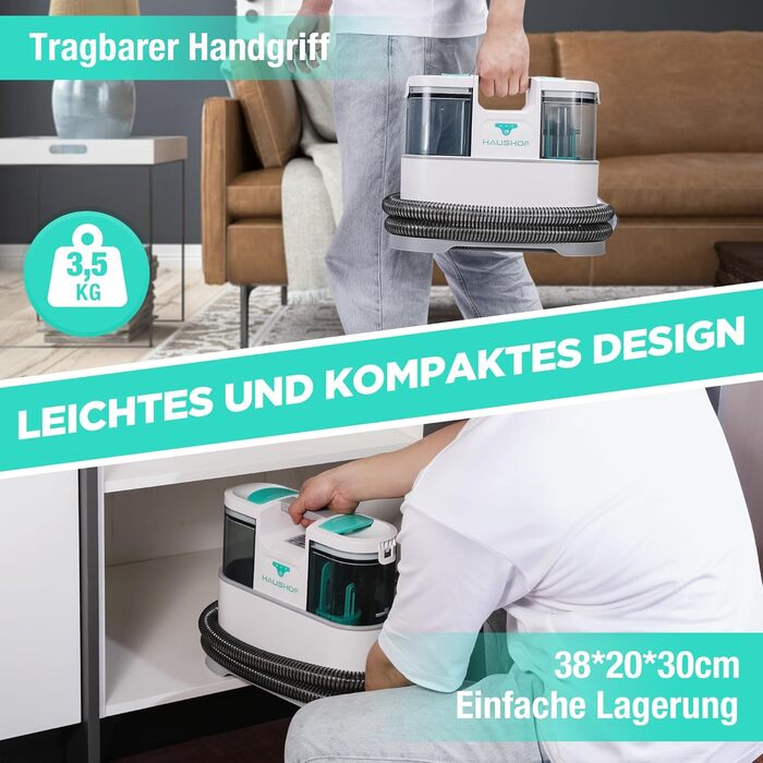 HAUSHOF StainZapper Pro: мийка для килимів та меблів, 450W, 12kPa, 1.5+0.8L, з миючим засобом та щіткою для швів. Ефективний видалення плям з килимів, диванів, меблів та авто.