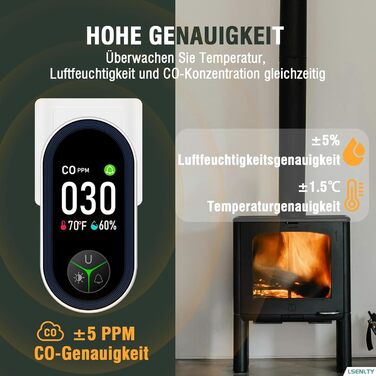 Виявлювач CO з HD-дисплеєм для дому та кемпінгу: 3-в-1 (CO, температура, вологість)