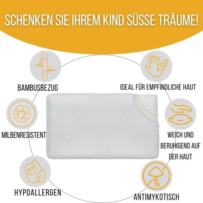 Дитяча подушка Inphysio з Memory Foam: бамбукова тканина, гіпоалергенна, 50x30x5.5 см, кремовий колір