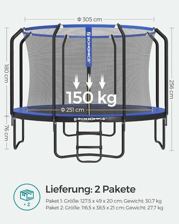 Батут SONGMICS садовий Ø305 см з захисною сіткою та драбиною, чорно-синій