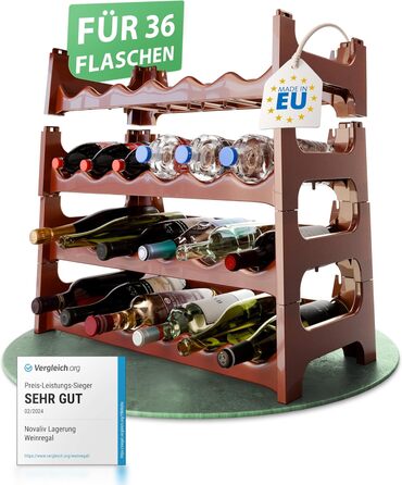 Пластикова полиця для пляшок Novaliv на 36 пляшок, розширювана, коричнева. Полиця для вина, напоїв, спиртних напоїв. Система зберігання пляшок, шафка для пляшок