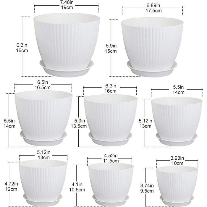 Набір горщиків для квітів Blumentopf (8 шт.) з підставками, різні розміри (10-19 см), пластик, білий. Ідеально для дому та балкона.