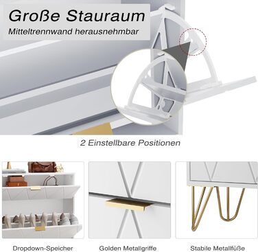 Взуттєва шафа UEV з 2 відкидними дверцятами, 80 x 24 x 120 см, на 16 пар взуття, з 1 висувною шухлядою, біла, вузька, для передпокою, економія місця