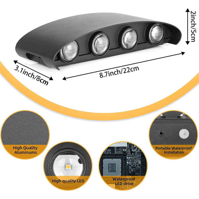 Внутрішній Настінний Світильник Lureshine, Настінний Світильник Up-Down 22x8x5 см, литий під тиском алюмінієвий зовнішній настінний світильник 8 Вт IP 65, світлодіодний внутрішній теплий білий світильник 3000K, настінний світильник Up-Down в приміщенні, в