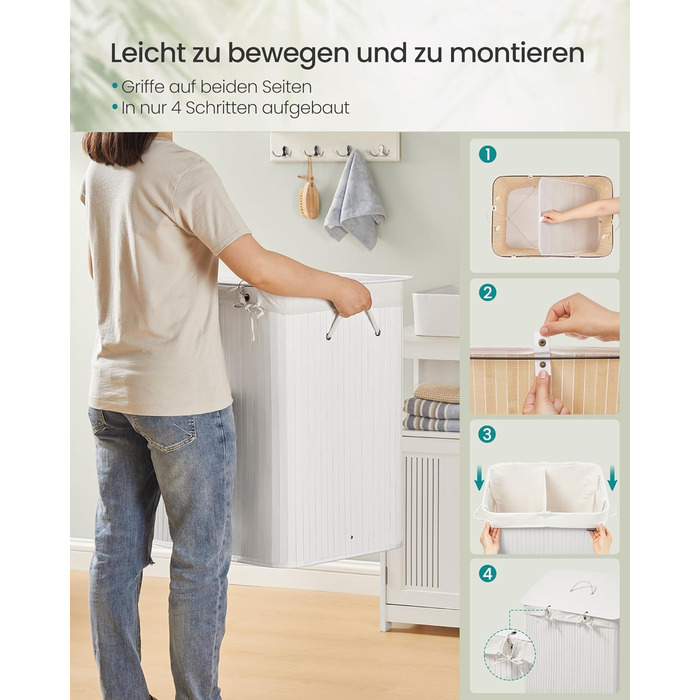 SONGMICS Кошик для білизни з кришкою, 2 відділення, бамбук, складаний, знімний мішок, для прання, з ручками, 120 л, білий