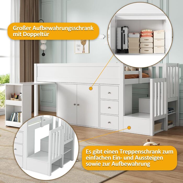 Ліжко дитяче 90x200, дерев'яне з шухлядами, полицями та бічною панелью, захистом від падіння, ламелями та місцем для зберігання, підліткове, функціональне, без матраца, біле