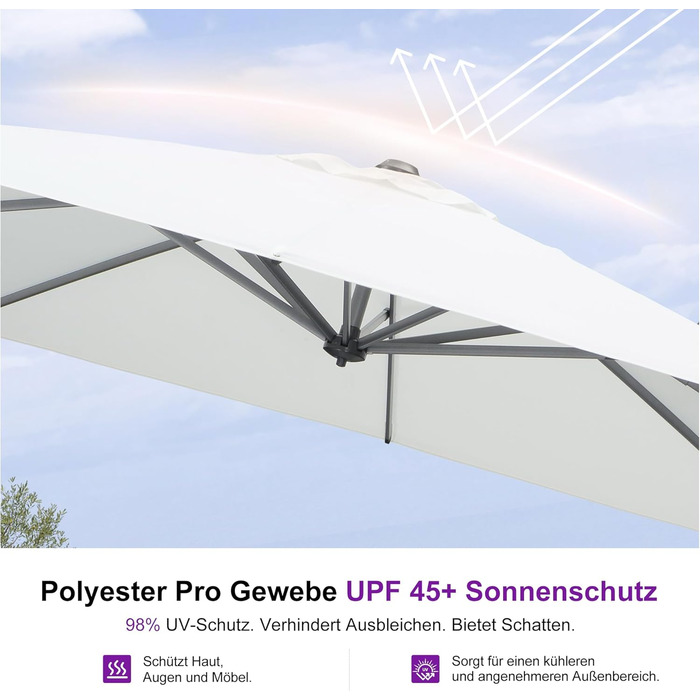 Парасолька від сонця PURPLE LEAF 300x300 см, велика підвісна парасолька-ампел з рукою-курбою, поворотом на 360° та хрест-підставкою для тераси та балкона, біла