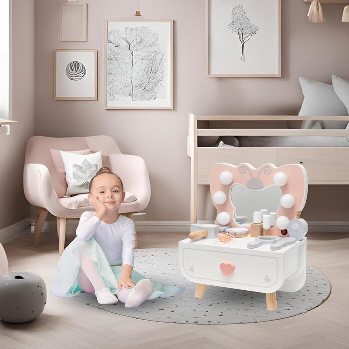 Детський туалетний столик Mamabrum XXL з дерева з пуфом та LED-дзеркалом – для дівчаток від 3 років, з ящиком та аксесуарами для макіяжу, ігровий набір та письмовий стіл (MAM242 DRESSING TAB)