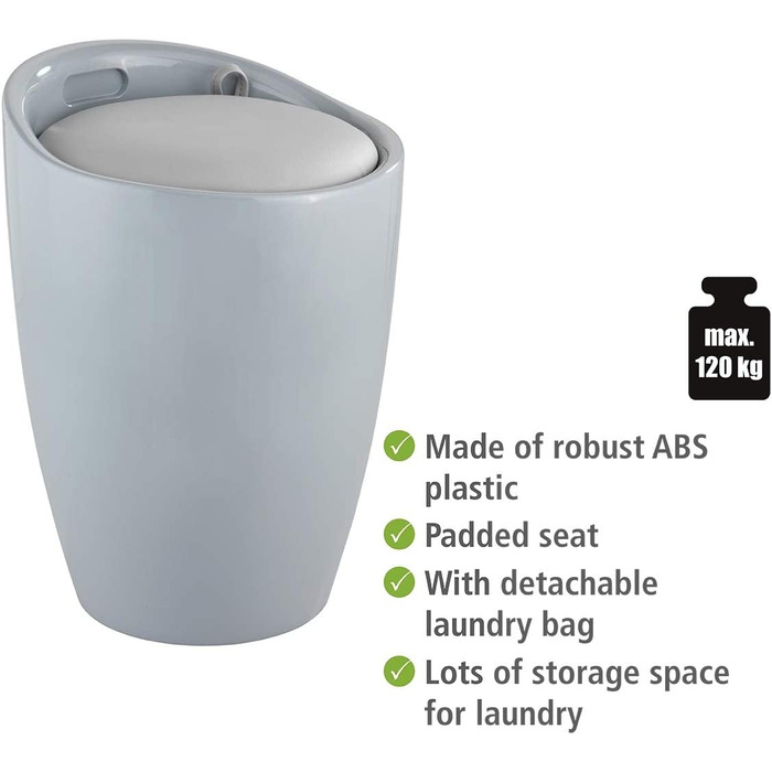 WENKO табурет для ванної кімнати Candy з місцем для зберігання та кошиком для білизни, ABS-пластик, 20 л, Ø 36 x 50,5 см
