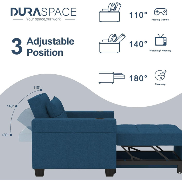 Крісло-ліжко DURASPACE 3-в-1, розкладне, 99 см, з USB, бічною кишенею, тримачем для напоїв, для малих приміщень (зелений/синій)