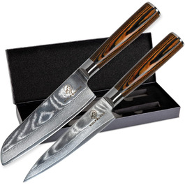 Набір кухонних ножів Дамаск Wolfblood (2 шт.) 24 см, з сертифікацією TÜV, сталь Дамаск 67 шарів, з дерев'яною ручкою, подарункова коробка, захист леза
