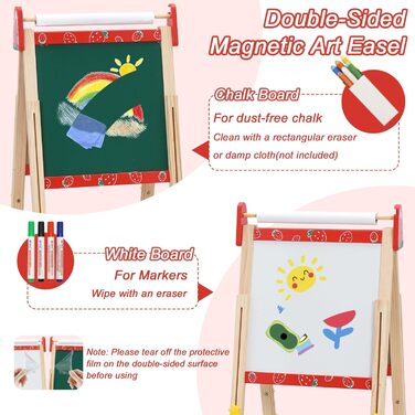 Дитяча мольберт Kinder Staffelei 3 в 1: регульована висота, подвійний бік, з рулоном паперу, 100+ аксесуарів для малювання, для дітей 3-8 років (червоний)