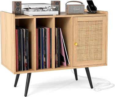 COSTWAY Стійка для програвача з зарядкою, стіл для зберігання вінілових платівок, меблева шафа з ротангу та дерева, підставка для 220 платівок, 80 x 40 x 65 см (натуральний колір)