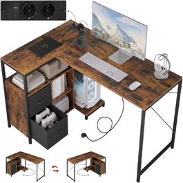 Кутовий стіл WOLTU білий з USB-роз'ємами (A/C) - 120x80x75 см. Комп'ютерний стіл з полицею та розеткою, металевий каркас (вінтажний коричневий)