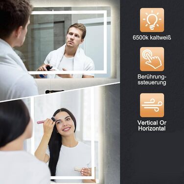 Дзеркало для ванної кімнати зі світлодіодним підсвічуванням 50x70 см, з сенсорним вимикачем, срібне