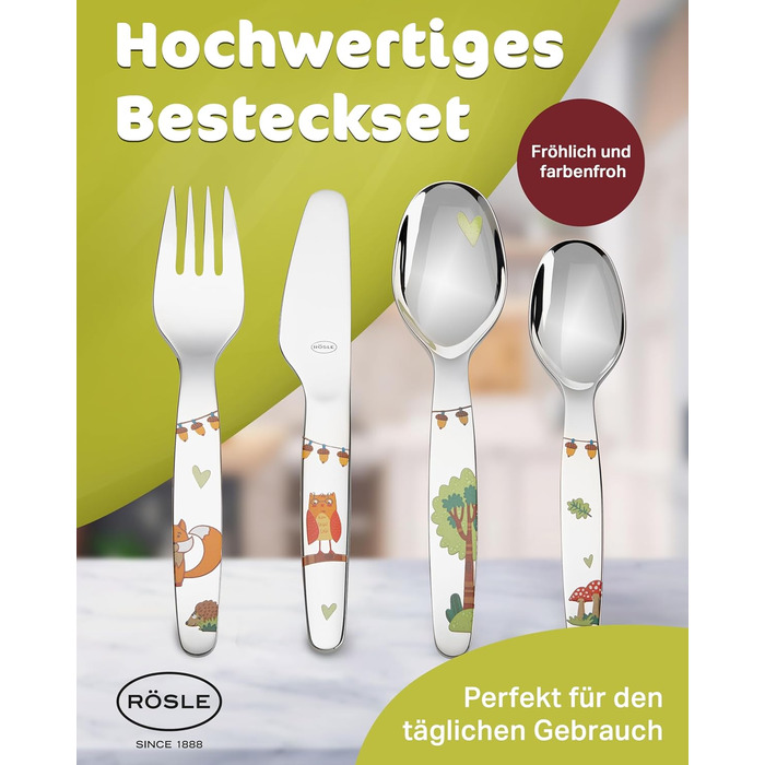 Дитячий набір столових приборів RÖSLE 'Waldfreunde' (4 шт.) з нержавіючої сталі 18/10, для дітей від 3 років, придатний для миття в посудомийній машині, чудовий подарунок на хрещення для хлопчиків та дівчаток