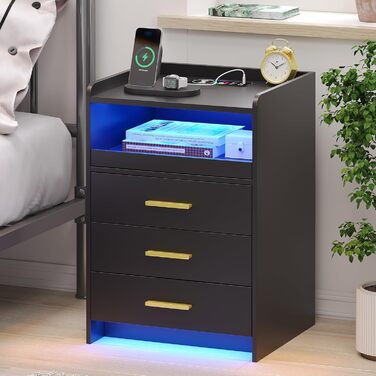 Нічний столик FREDEES з LED-підсвічуванням, ящиком, зарядкою та датчиком руху, сірий (2), чорний