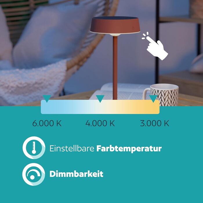 LED сонячна настільна лампа EGLO Simeri для вулиці, бездротова, акумуляторна, торкання, регулювання яскравості, IP54 (Червона)