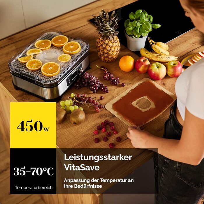 Дорівка для продуктів VitaSave FD01S з нержавіючої сталі, 450W, 6 ящиків, 9 аксесуарів, 4725 см², таймер 24 год, LED-дисплей, BPA-free, для фруктів та сухофруктів