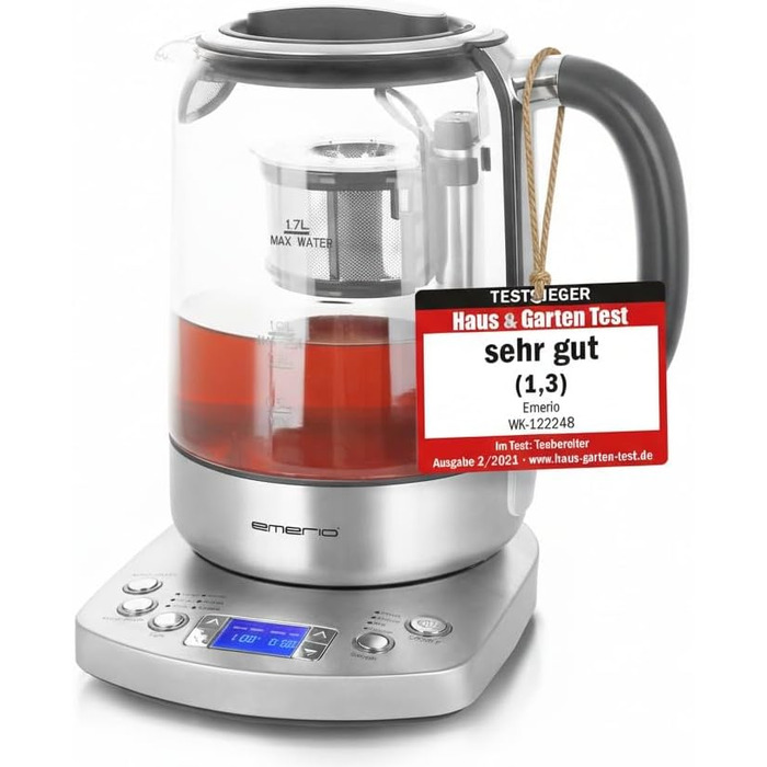 Електричний чайник Emerio WK-122248 зі скла Borosilikat, 1.7л, чорний/срібний, з автоматичним заварюванням та регулюванням температури