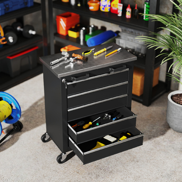 Шафа для інструментів з 5 висувними ящиками, колісна інструментарна скринька, інструментальний візок зі сталі, сріблясто-чорний