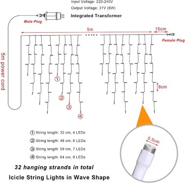 Ліхтарі Hopelit Frost Rain 5m 200LED теплі білі з таймером і пам'яттю для приміщення/вулиці, Різдва