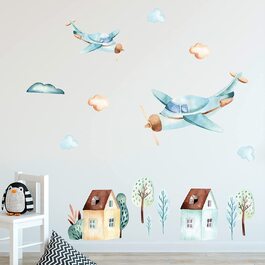 Наклейка на стіну для дитячої кімнати з літаками і будинками, наклейка на стіну з хмарами для хлопчиків, прикраса на стіну для дитячої кімнати для хлопчиків, акварель / 57x80 см, Набір літаків і будинків
