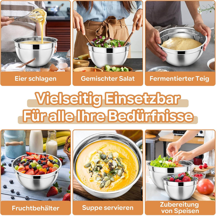 Набір мисок HaWare 7 шт. з нержавіючої сталі з кришками, 6.5/4.5/3/2.5/1.5/1.2/0.7L, для приготування, випікання, салатів, миття в посудомийній машині, Khaki/Нержавіюча сталь