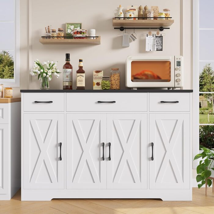 Сервант HOCSOK 140 см: кухонний буфет з 3 висувними ящиками, 4 дверцятами та 2 регульованими полицями, білий та коричневий