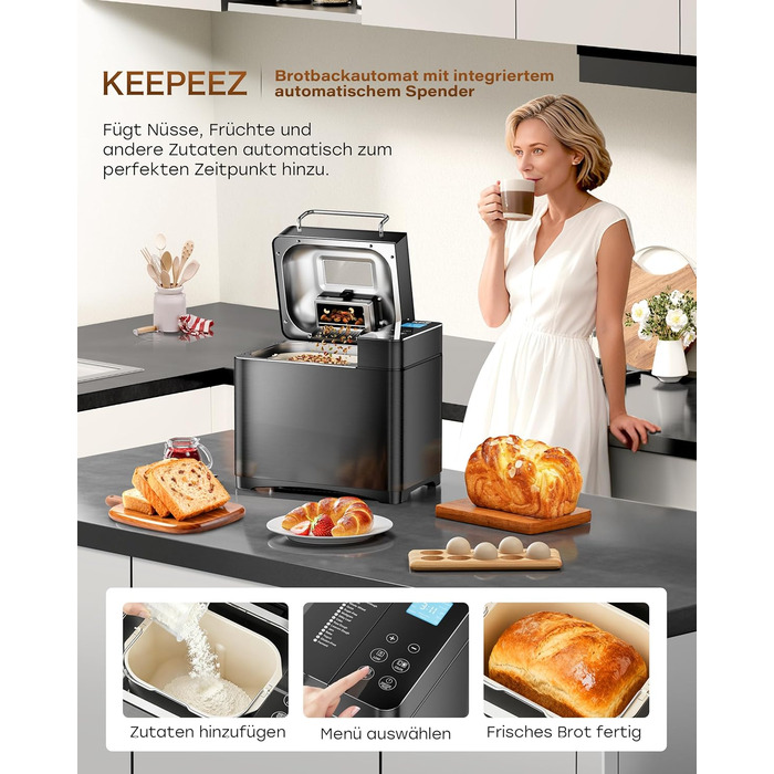 Преміум хлібопекарка Konvektions-Brotbackautomat 710W з керамічною формою, 17 функцій, диспенсер для горіхів, сталь, чорна