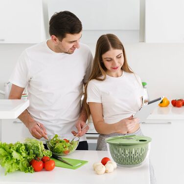 SUSTEAS Салатниця-швидкокрутка 4.5л з кришкою, чаша для салату з 5-лопатевим ножем, механізм Kubelantrieb та сепаратор для яєць – для миття, сушіння та нарізання салату, овочів, фруктів