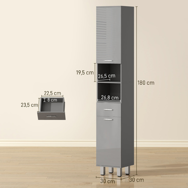 Шафа для ванної кімнати з полицями та висувним ящиком, регульована, сіра