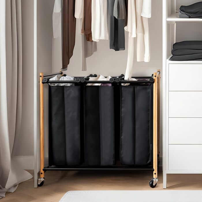 Сортувальник для білизни Storage Maniac з 3 відділеннями, 136 л, з міцними колесами, знімні кишені, бамбук