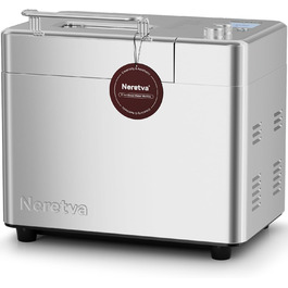 Хлібопічка Neretva з 17 програмами, об'ємом 2.2 кг, з дозатором горіхів та фруктів, керамічним антипригарним покриттям, для безглютенових продуктів, тіста, закваски та йогурту, срібна