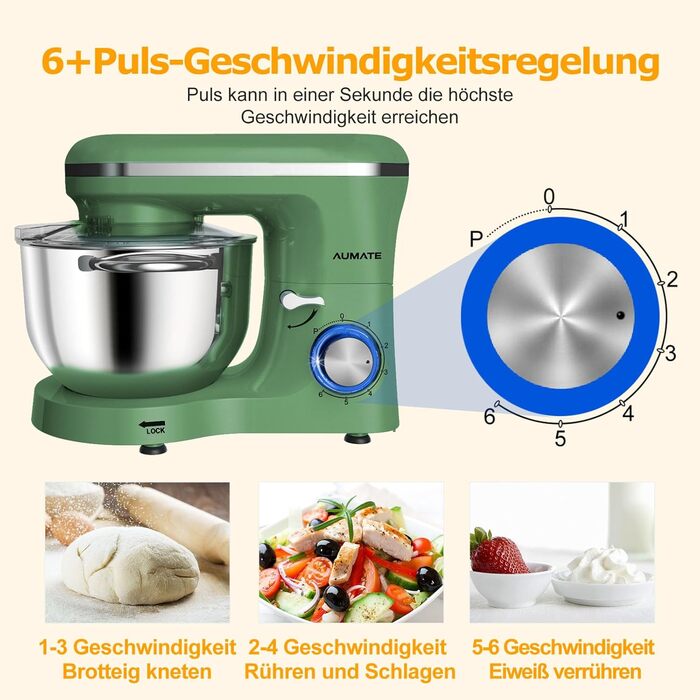 Кухонна машина AUMATE 1400W, 6.2 л, оливковий, з міксером та гаками для тіста