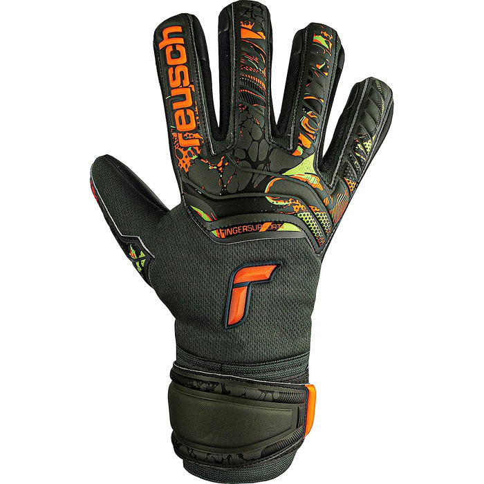 Молодіжні воротарські рукавички Reusch унісекс Attrakt Evolution Finger Support Junior з хорошим захопленням і внутрішнім швом (4, оливково-зелений / помаранчевий / чорний)