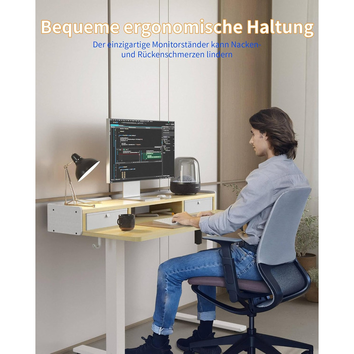 Електричний стіл YIHAYO з висувними ящиками та підставкою для монітора 120x60 см, регулювання висоти, пам'ять, Natural White, Natural поверхня