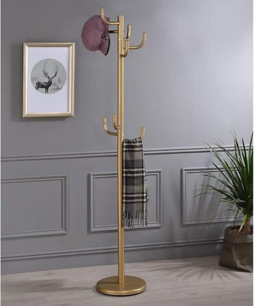 Металева стійка для одягу IDIMEX Mila з 8 гачками, золота. Практичний вішак для одягу з круглим підставою
