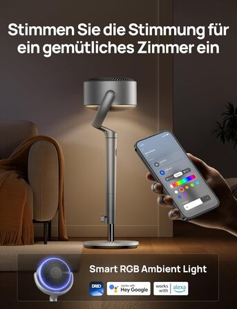 Вентилятор підлоговий Dreo з Wi-Fi та LED, 102 см, 8 швидкостей, 3 режими, тихий 20dB, велика потужність, срібний